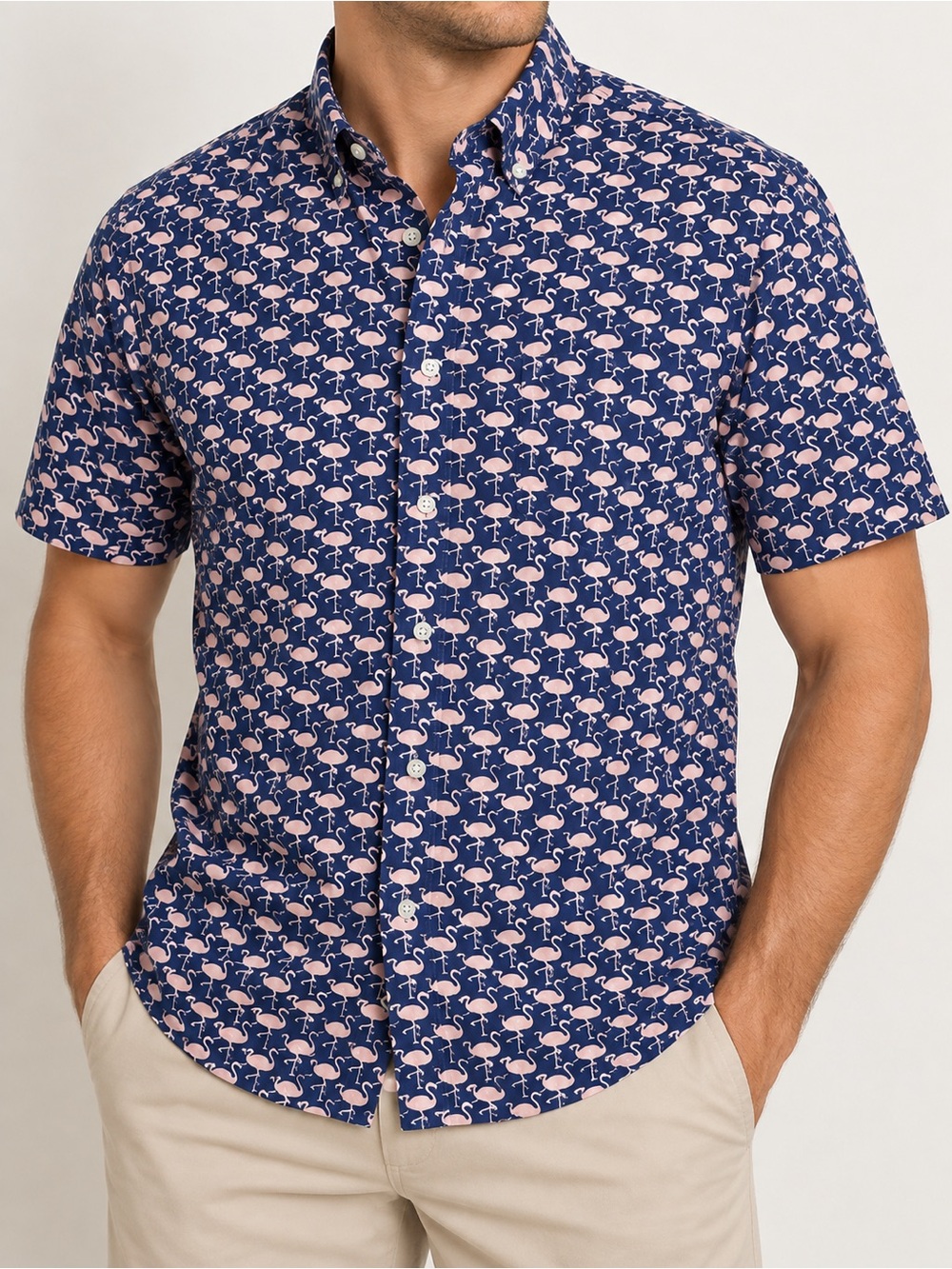 J.Crew Slim Flex Washed Flamingo Print Shirt Men XL Navy Pink